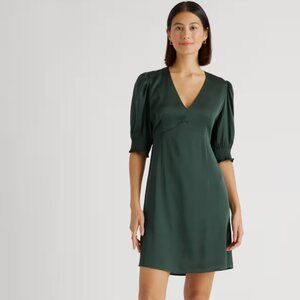 Washable Stretch Silk Puff Sleeve Mini Dress - Forest Green
